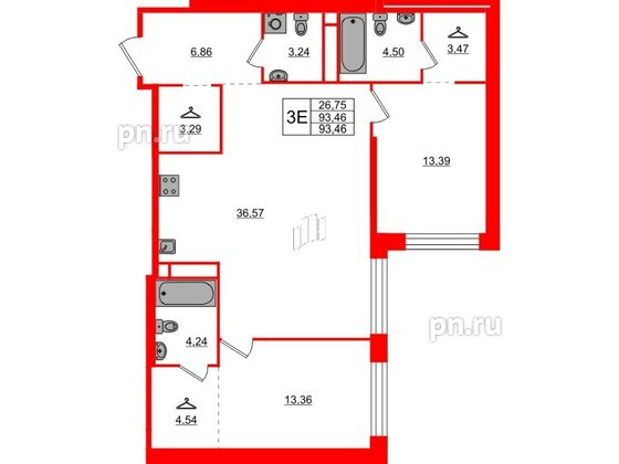 Квартира в ЖК AVANT, 2 комнатная, 93.46 м², 3 этаж