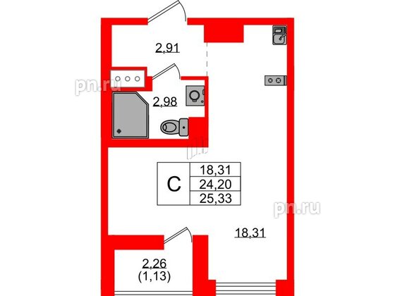 Квартира в ЖК UP-квартал Новый Московский, студия, 25.33 м², 3 этаж