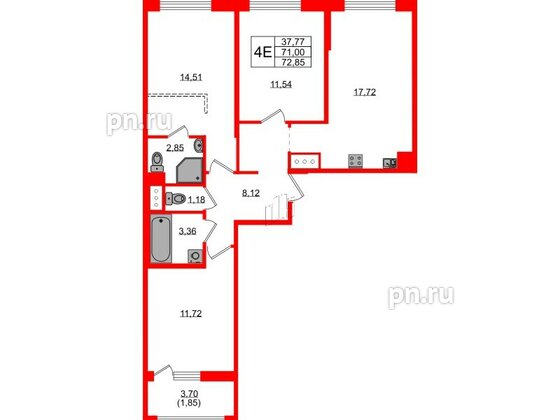 Квартира в ЖК UP-квартал Новый Московский, 3 комнатная, 72.85 м², 3 этаж