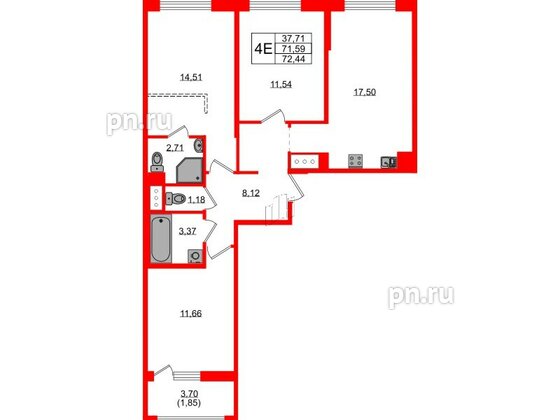 Квартира в ЖК UP-квартал Новый Московский, 3 комнатная, 72.44 м², 10 этаж