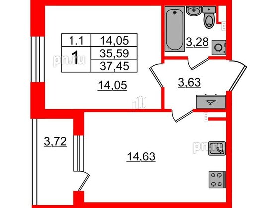 Квартира в ЖК «Парадный ансамбль», 1 комнатная, 35.59 м², 2 этаж