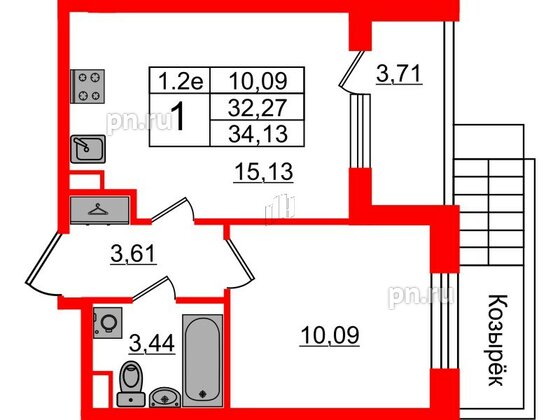 Квартира в ЖК «Парадный ансамбль», 1 комнатная, 32.27 м², 1 этаж