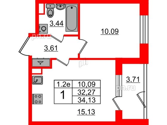 Квартира в ЖК 'Парадный ансамбль', 1 комнатная, 32.27 м², 1 этаж