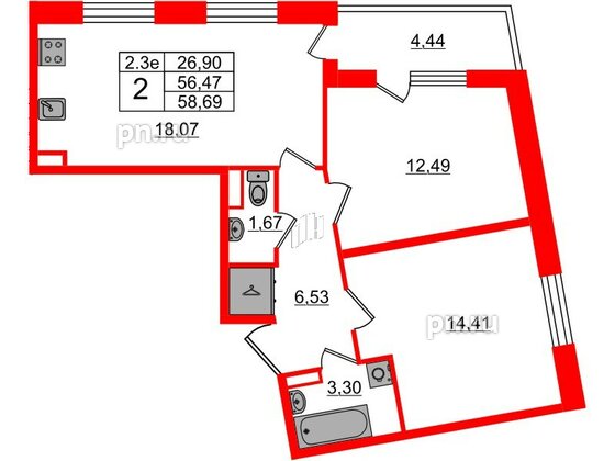 Квартира в ЖК 'Парадный ансамбль', 2 комнатная, 56.47 м², 2 этаж