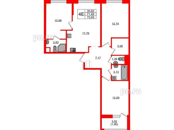 Квартира в ЖК UP-квартал Новый Московский, 3 комнатная, 73.65 м², 2 этаж