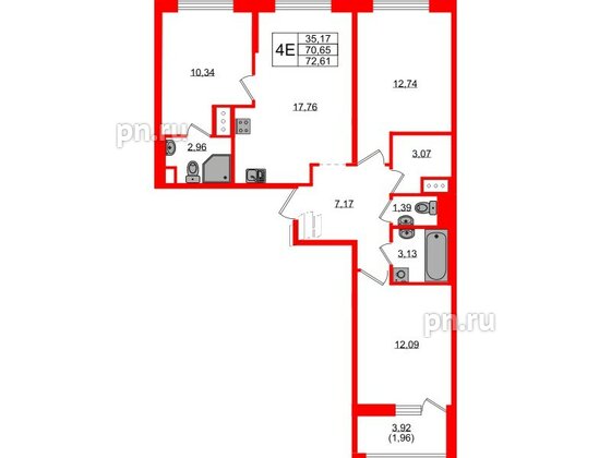 Квартира в ЖК UP-квартал Новый Московский, 3 комнатная, 72.61 м², 6 этаж