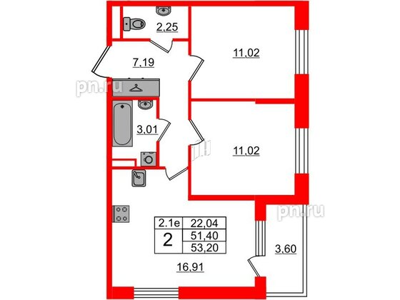 Квартира в ЖК «Парадный ансамбль», 2 комнатная, 51.4 м², 2 этаж