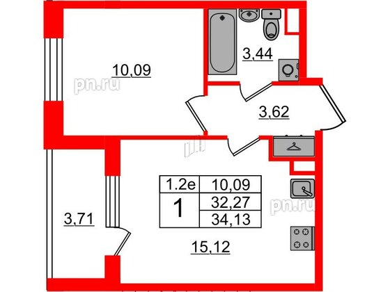 Квартира в ЖК «Парадный ансамбль», 1 комнатная, 32.27 м², 2 этаж