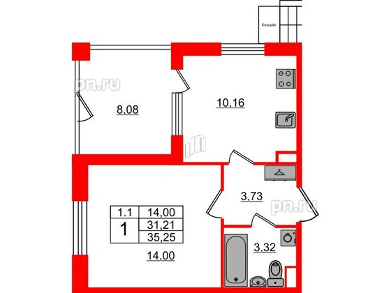 Квартира в ЖК «Парадный ансамбль», 1 комнатная, 31.21 м², 1 этаж