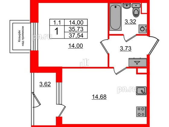 Квартира в ЖК «Парадный ансамбль», 1 комнатная, 35.73 м², 1 этаж