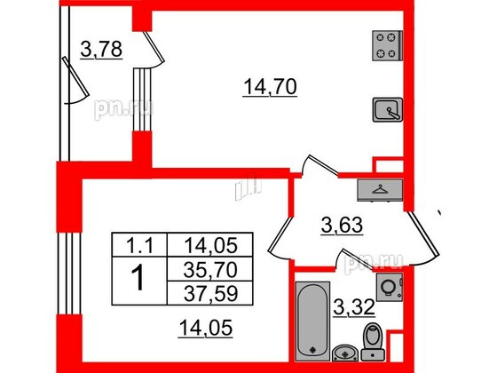 Квартира в ЖК «Парадный ансамбль», 1 комнатная, 35.7 м², 1 этаж