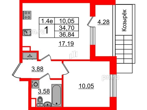 Квартира в ЖК «Парадный ансамбль», 1 комнатная, 34.7 м², 1 этаж