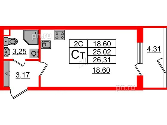 Квартира в ЖК «Парадный ансамбль», студия, 25.02 м², 1 этаж