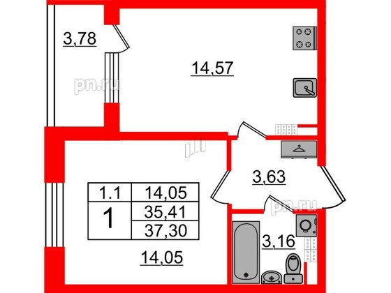 Квартира в ЖК «Парадный ансамбль», 1 комнатная, 35.41 м², 5 этаж