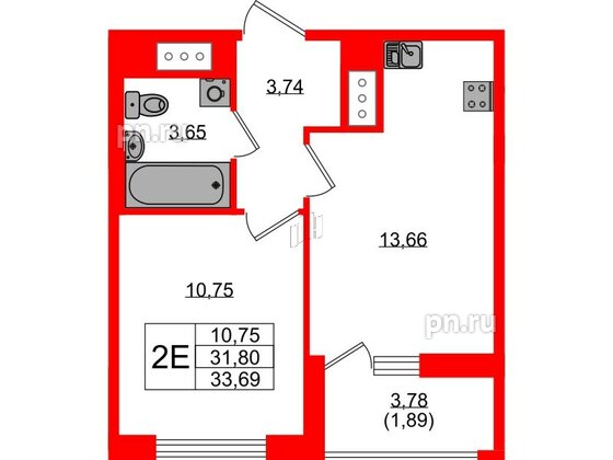 Квартира в ЖК UP-квартал Новый Московский, 1 комнатная, 33.69 м², 5 этаж