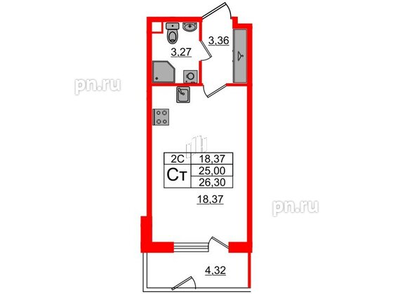 Квартира в ЖК «Парадный ансамбль», студия, 25 м², 1 этаж