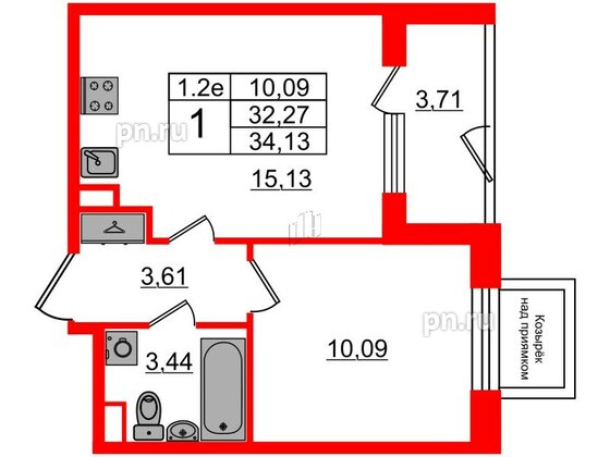 Квартира в ЖК 'Парадный ансамбль', 1 комнатная, 32.27 м², 1 этаж