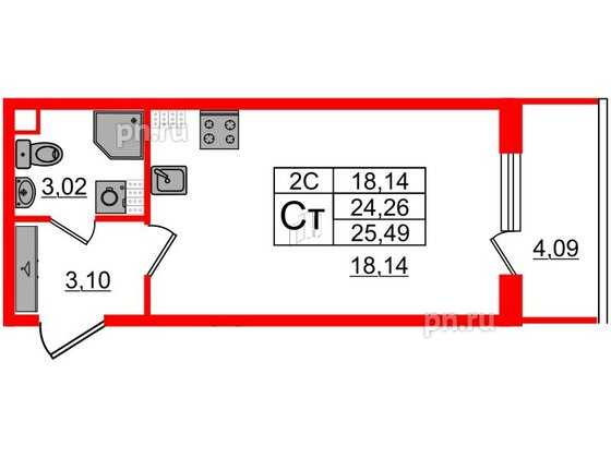 Квартира в ЖК «Парадный ансамбль», студия, 24.26 м², 5 этаж