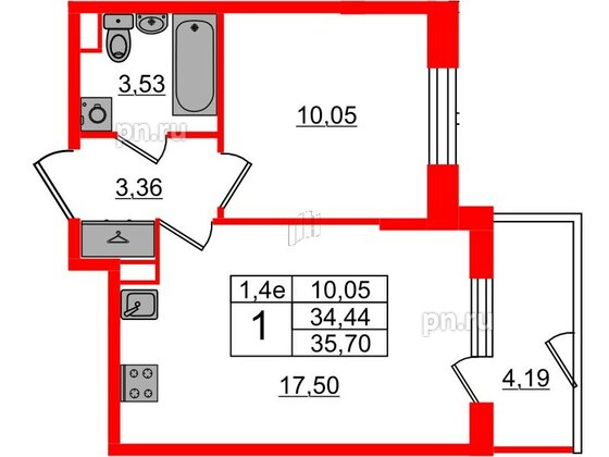 Квартира в ЖК «Парадный ансамбль», 1 комнатная, 34.44 м², 1 этаж