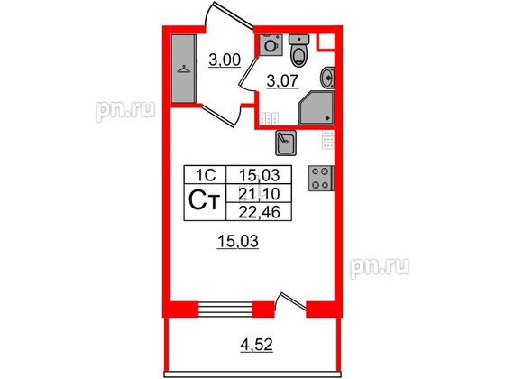 Квартира в ЖК «Парадный ансамбль», студия, 21.1 м², 5 этаж