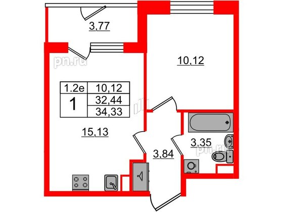 Квартира в ЖК «Парадный ансамбль», 1 комнатная, 32.44 м², 1 этаж