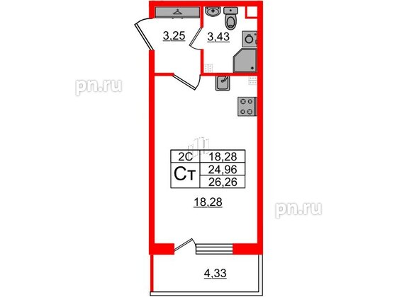 Квартира в ЖК «Парадный ансамбль», студия, 24.96 м², 3 этаж