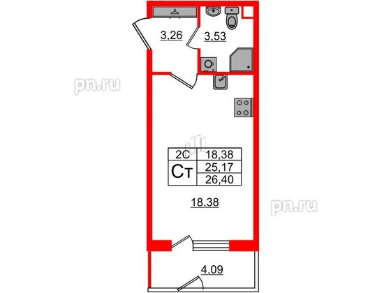 Квартира в ЖК «Парадный ансамбль», студия, 25.17 м², 1 этаж