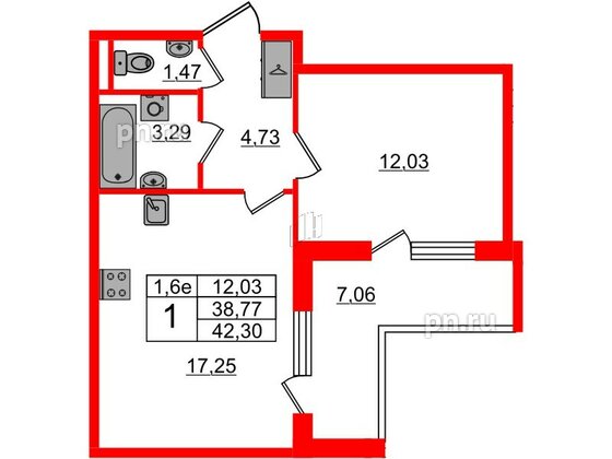 Квартира в ЖК «Парадный ансамбль», 1 комнатная, 38.77 м², 1 этаж