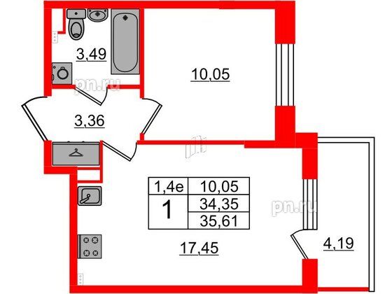 Квартира в ЖК «Парадный ансамбль», 1 комнатная, 34.35 м², 2 этаж