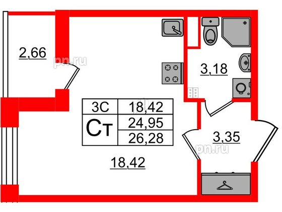 Квартира в ЖК «Парадный ансамбль», студия, 24.95 м², 2 этаж