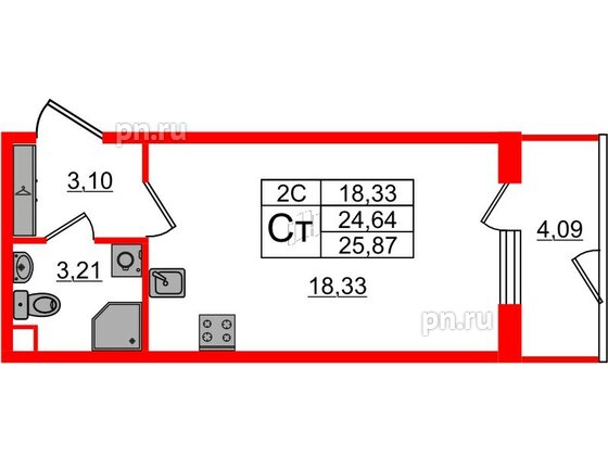 Квартира в ЖК «Парадный ансамбль», студия, 24.64 м², 1 этаж