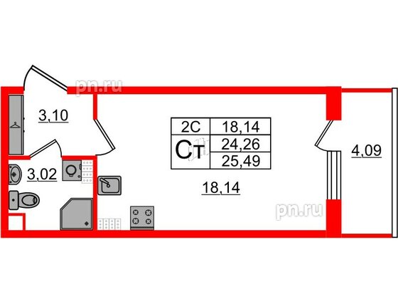 Квартира в ЖК «Парадный ансамбль», студия, 24.26 м², 5 этаж