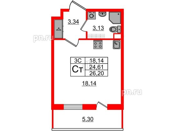 Квартира в ЖК «Парадный ансамбль», студия, 24.61 м², 5 этаж