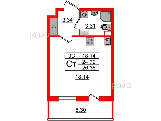 Квартира в ЖК «Парадный ансамбль», студия, 24.79 м², 3 этаж