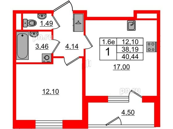 Квартира в ЖК «Парадный ансамбль», 1 комнатная, 38.19 м², 1 этаж