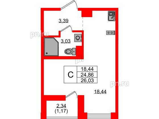 Квартира в ЖК UP-квартал Новый Московский, студия, 26.03 м², 2 этаж