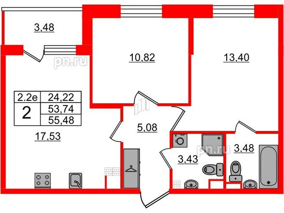 Квартира в ЖК «Парадный ансамбль», 2 комнатная, 53.74 м², 3 этаж