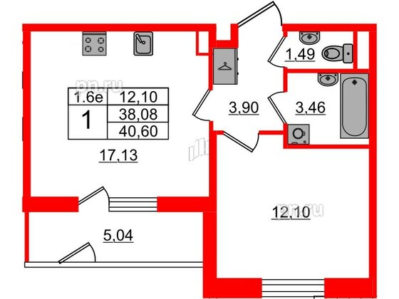 Квартира в ЖК 'Парадный ансамбль', 1 комнатная, 38.08 м², 1 этаж