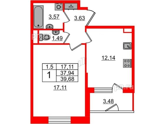 Квартира в ЖК «Парадный ансамбль», 1 комнатная, 37.94 м², 1 этаж