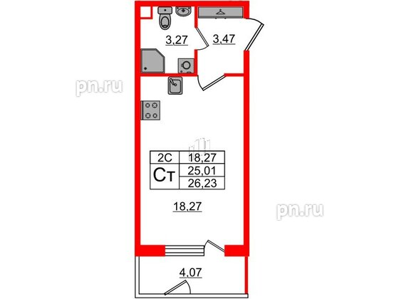 Квартира в ЖК «Парадный ансамбль», студия, 25.01 м², 1 этаж