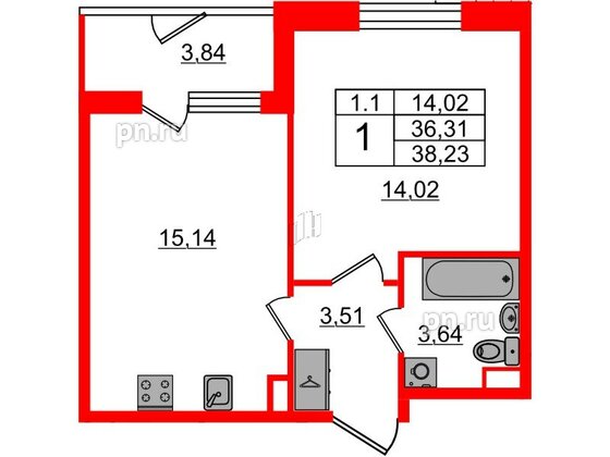 Квартира в ЖК «Парадный ансамбль», 1 комнатная, 36.31 м², 1 этаж