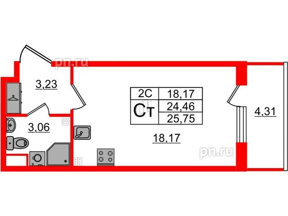 Квартира в ЖК «Парадный ансамбль», студия, 24.46 м², 4 этаж