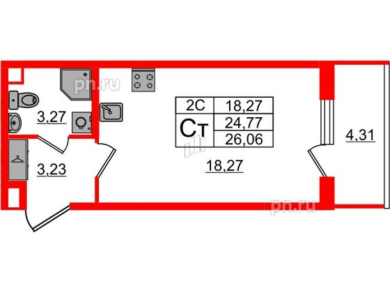 Квартира в ЖК «Парадный ансамбль», студия, 24.77 м², 3 этаж