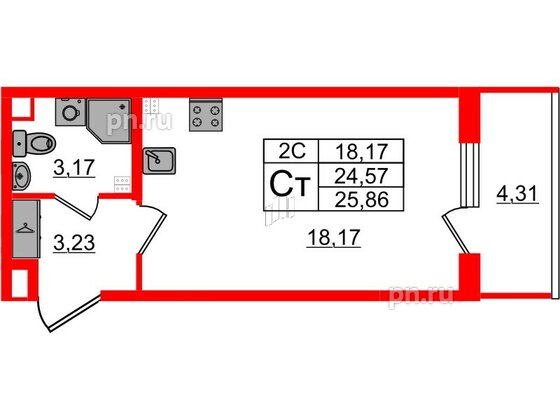 Квартира в ЖК 'Парадный ансамбль', студия, 24.57 м², 5 этаж