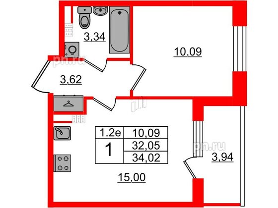 Квартира в ЖК 'Парадный ансамбль', 1 комнатная, 32.05 м², 5 этаж