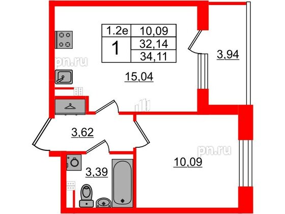 Квартира в ЖК «Парадный ансамбль», 1 комнатная, 32.14 м², 4 этаж