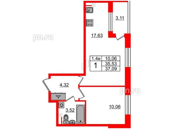 Квартира в ЖК 'Парадный ансамбль', 1 комнатная, 35.53 м², 4 этаж