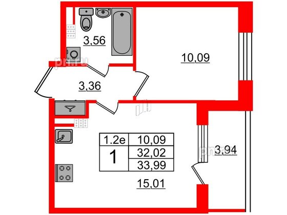 Квартира в ЖК «Парадный ансамбль», 1 комнатная, 32.02 м², 5 этаж