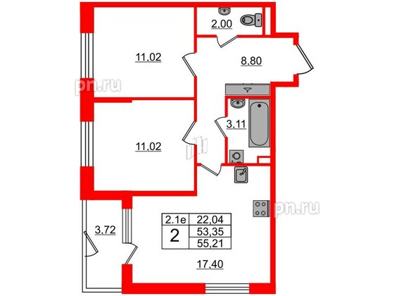 Квартира в ЖК 'Парадный ансамбль', 2 комнатная, 53.35 м², 1 этаж