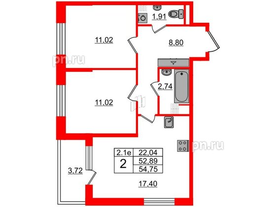 Квартира в ЖК «Парадный ансамбль», 2 комнатная, 52.89 м², 4 этаж